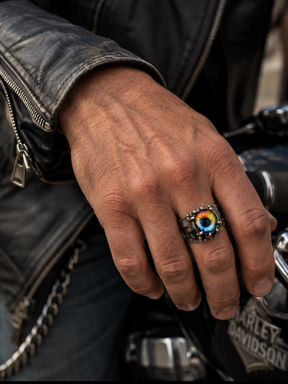 Multi color rainbow Dragon Eye ,being held claw Dungeons ring